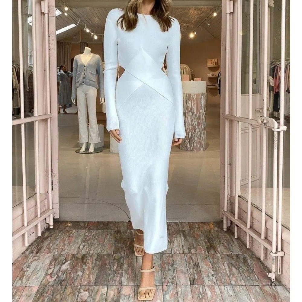 SIR the Label White Celena Draped Maxi Dress Rib Knit Stretch Size 2 Medium